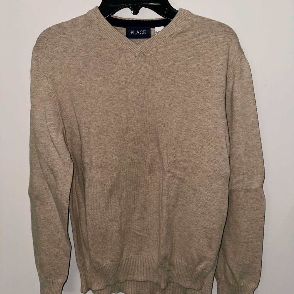 NWOT Children's Place Tan Oatmeal V-neck sweater, size L (10/12)